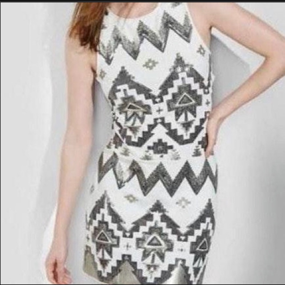 Express Ivory Aztec Silver/ Cooper Sequin Dress - Picture 4 of 7